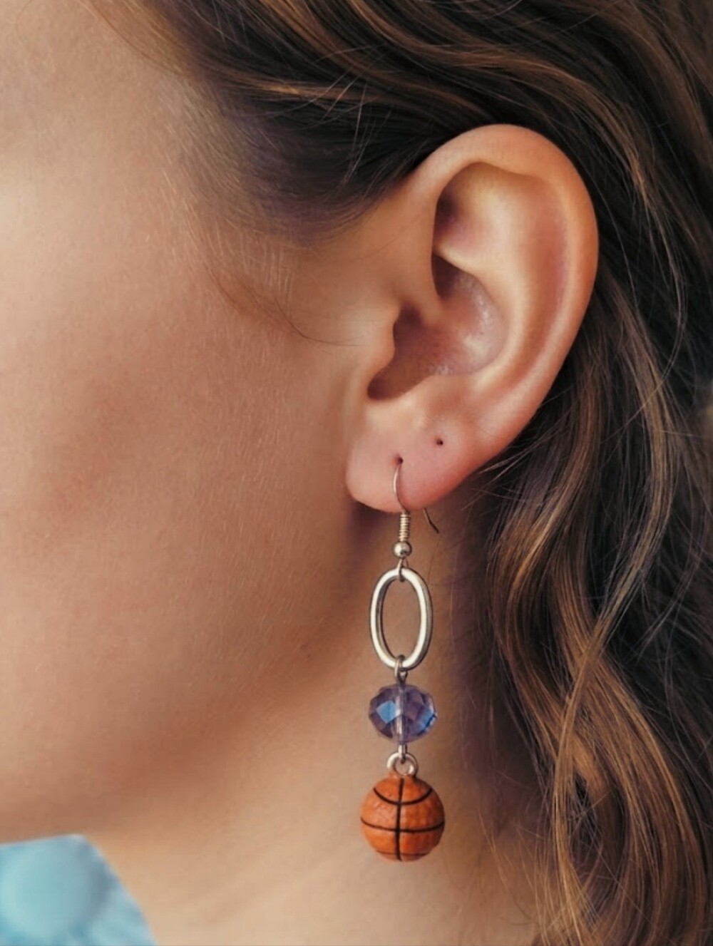 Handcrafted Purple Crystal Accent Basketball Drop Earrings